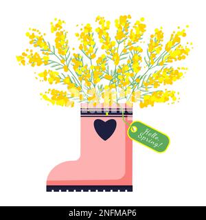 Pink rubber boot with mimosa flowers. Spring invitation card. Vector illustration Stock Vector