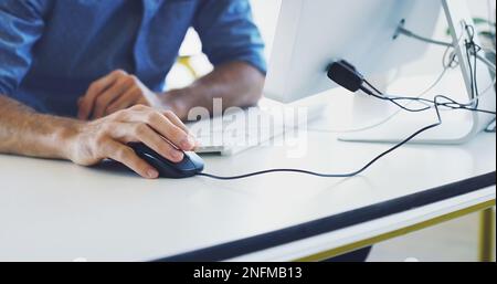 Hand, computer mouse or hacker man for cybersecurity, app coding or data analysis in office. Programmer, developer or employee on tech for software Stock Photo