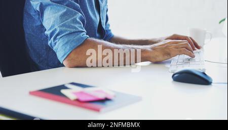 Coding, computer or man hands on keyboard for cybersecurity, app research or SEO networking in office. Programmer, developer or employee on tech for Stock Photo