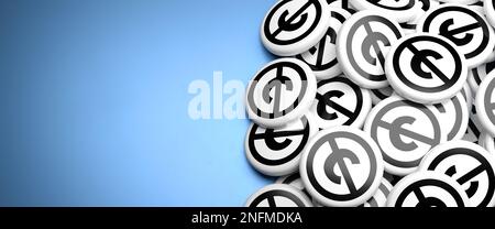 Icons for the creative commons license for 'already in public domain' on a heap on a table. Web banner format with copy space Stock Photo