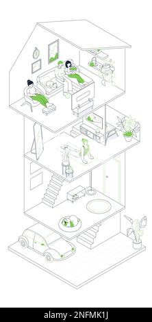 Multi-storey building - modern line design style isometric illustration Stock Vector