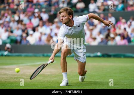 David Goffin of Belgium in action on No.1 Court at The Championships 2022. Held at The All England Lawn Tennis Club, Wimbledon. Stock Photo