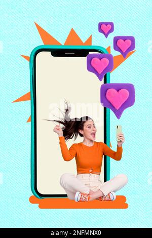 Photo collage of young attractive girl blogger online broadcast fist up million likes smartphone display promo isolated on blue color background Stock Photo