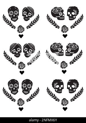 Set of macabre botanical skulls vector motif. Illustration of anatomy skeleton graphic with floral frame.  Stock Vector