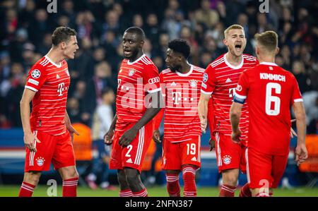 Paris, France. 14th Feb, 2023.  Benjamin Pavard (Muenchen), Dayot Upamecano (Muenchen), Alphonso Davies (Muenchen), Matthijs de Ligt (Muenchen), Joshu Stock Photo