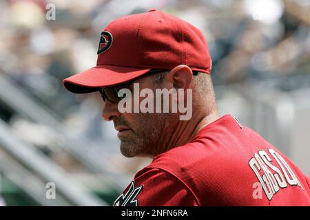 Arizona Diamondbacks bench coach Kirk Gibson leads the way as he instructs  Miguel Montero in base running during spring training baseball drills  Saturday, Feb. 24, 2007 in Tucson, Ariz. (AP Photo/M. Spencer