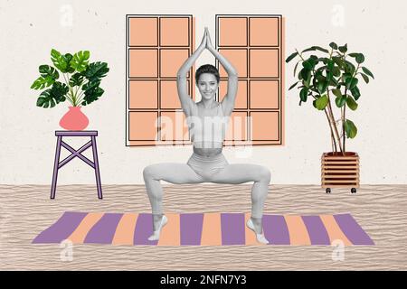 Photo sketch graphics collage artwork picture of smiling happy lady enjoying yoga indoors home isolated drawing background Stock Photo