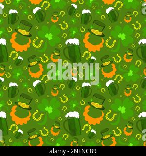 Seamless pattern of St. Patrick's Day with leprechaun hat, pot of gold, leprechaun boots and clover leaf elements on white background. Perfect for wal Stock Vector