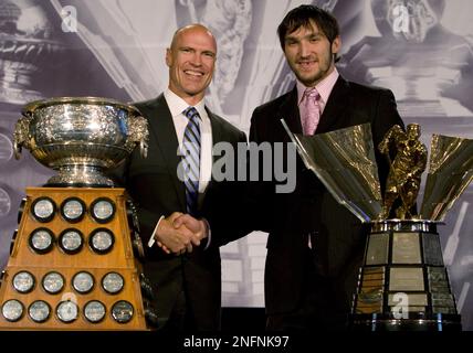 Nicklas Backstrom (center right), beside player Alexander Ovechkin, is  picked fourth by the Washington Capitals in the first round of the 2006 NHL  entry draft being held at Vancouver's GM Place, June 24, 2006. (UPI  Photo/Heinz Ruckemann Stock Photo