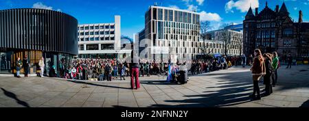 Edinburgh, Scotland, Fri 17 February 2023. Over 400 people gathered at a vigil in Bristo Square at the University of Edinburgh to honour the life of teenager Brianna Ghey. Brianna Ghey was a 16-year-old British transgender girl from Birchwood in Warrington, Cheshire, England, who was murdered in Warrington on  11 February 2023. Stock Photo
