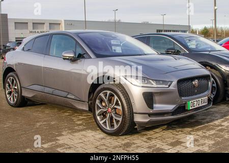 2020 Grey JAGUAR I-PACE Electricity 1 speed automatic, I-Pace Ev400 Hse 90Kwh AWD; New and used cars displayed for sale on car dealers forecourt & showroom. Stock Photo