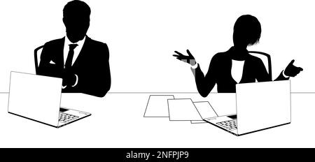 News Anchors Business People at Desk Silhouette Stock Vector