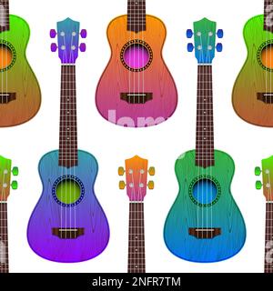 Colorful ukuleles seamless vector pattern. Hawaiian style musical background. Stock Vector