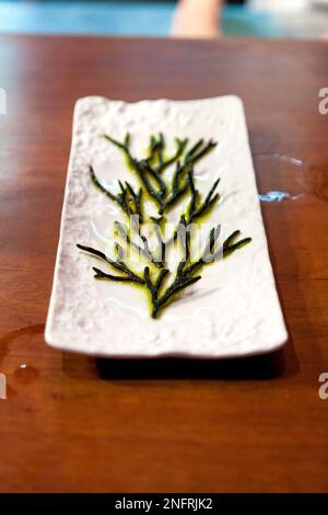 Gourmet michelin-star samphire dish at Dos Palillos restaurant, Barcelona, Spain Stock Photo