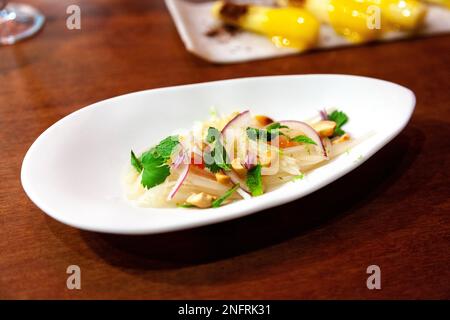 Gourmet michelin-star salad dish at Dos Palillos restaurant, Barcelona, Spain Stock Photo