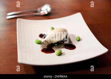 Gourmet michelin-star sweet soy sauce and charred soybean shell oil ice cream at Dos Palillos restaurant, Barcelona, Spain Stock Photo