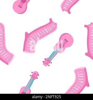 Beach lounger and guitar seamless pattern. Vector illustration in cartoon flat style isolated on white background. Stock Vector