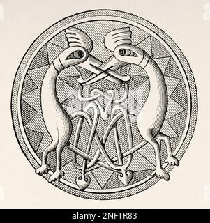 Middle ages initial capital letter O, depicting two dragons. The Arts of the Middle Ages and at the Period of the Renaissance by Paul Lacroix, 1874 Stock Photo