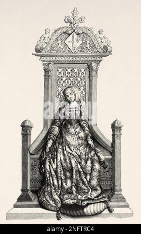 Louise of Savoy (1476-1531) French noble woman, Duchess regnant of Auvergne and Bourbon, Duchess of Nemours, mother of King Francis I of France. Seated on high backed throne of carved wood. The Arts of the Middle Ages and at the Period of the Renaissance by Paul Lacroix, 1874 Stock Photo