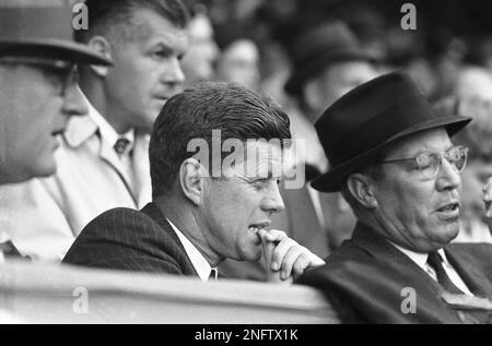 Opening Day of the 1961 Baseball Season, 1:10PM. President John F. Kennedy  and Special Assistant to the President Dave Powers greet former Washington  Senators player James Barton u0022Mickeyu0022 Vernon and Manager of