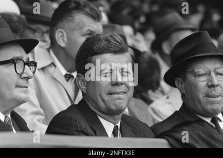 Opening Day of the 1961 Baseball Season, 1:10PM. President John F. Kennedy  and Special Assistant to the President Dave Powers greet former Washington  Senators player James Barton u0022Mickeyu0022 Vernon and Manager of