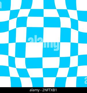 Distorted chessboard. Dizzy pattern with warped blue and white squares. Psychedelic chequered optical illusion. Trippy checkerboard surface Stock Vector