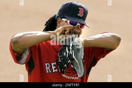 Boston Red Sox outfielder Manny Ramirez, left, and Detroit Tigers first  baseman Miguel Cabrera talk before a baseball game in Detroit, Tuesday, May  6, 2008. (AP Photo/Paul Sancya Stock Photo - Alamy