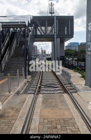 Port-Louis, Mauritius, Africa, February 7th 2023, People in the capital city may use the Metro Express Light rail system. Stock Photo