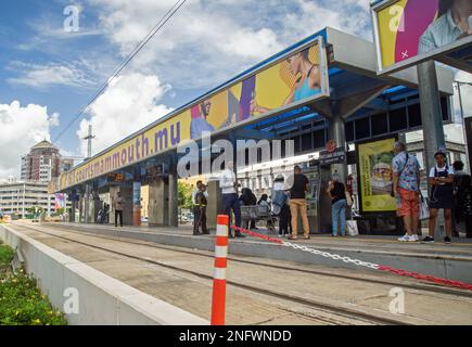 Port-Louis, Mauritius, Africa, February 7th 2023, People in the capital city may use the Metro Express Light rail system. Stock Photo