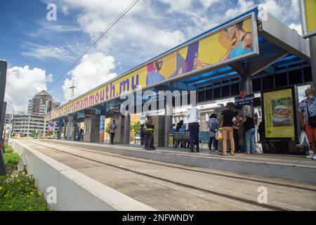 Port-Louis, Mauritius, Africa, February 7th 2023, People in the capital city may use the Metro Express Light rail system. Stock Photo