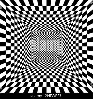 Squared room checkered surface. Hallway, studio or portal texture in perspective. Inside structure of box with black and white pattern. 3D dimension Stock Vector