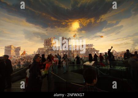 Istanbul, Turkey. 07 April 2015: Fall of Constantinople Captured by Mehmet. Panorama Museum 1453. Details of the final assault of Constantinople. Stock Photo