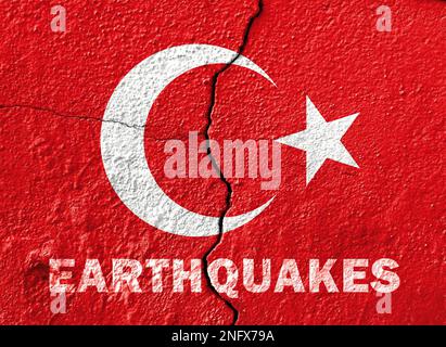 Earthquakes in turkey, Map with color flag turkey on wall with cracks Stock Photo