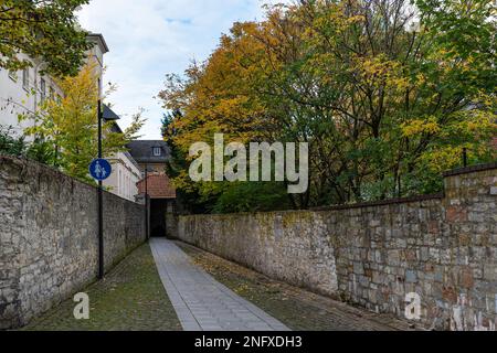 Pedestrian path between two ancient stone walls leading to the courtyard. The trees are covered with autumn yellow foliage. Stock Photo