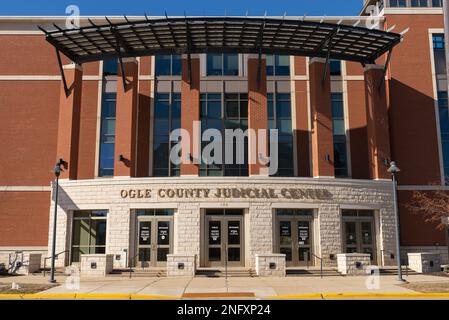 Oregon, Illinois - United States - February 13th, 2023: Exterior of the Ogle County Judicial Center Building in downtown Oregon, Illinois. Stock Photo