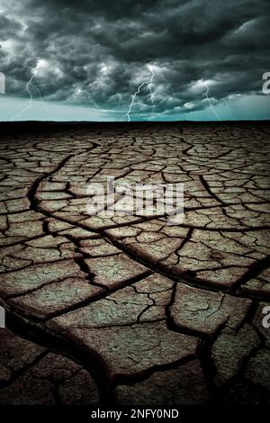 This concept photo is a composite image of dry, cracked mud playa with stormy clouds and lightning to illustrate global warming and severe weather. Stock Photo