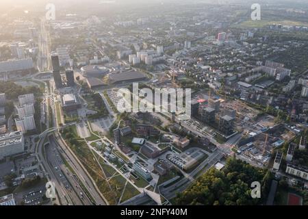 Aerial drone view of Katowice city in Poland with Spodek Arena and Silesian Museum Stock Photo