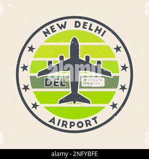 New Delhi airport insignia. Round badge with vintage stripes, airplane shape, airport IATA code and GPS coordinates. Attractive vector illustration. Stock Vector