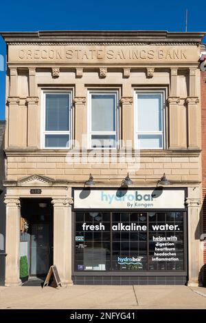 Oregon, Illinois - United States - February 13th, 2023: Exterior of old building and storefront in downtown Oregon, Illinois, USA. Stock Photo