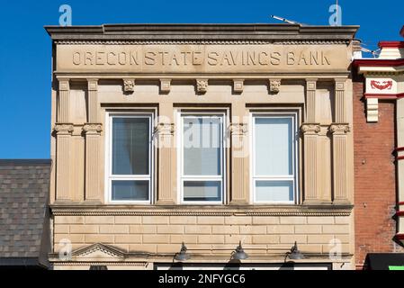 Oregon, Illinois - United States - February 13th, 2023: Exterior of old building and storefront in downtown Oregon, Illinois, USA. Stock Photo