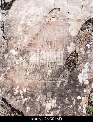 Petroglyphs rock drawing of ancient spaceship people on stones in the Altai mountains in Siberia. Stock Photo