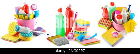 Collection of household cleaning detergents isolated on white background. Stock Photo