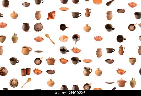 Seamless pattern from various ceramic products isolated on white background. Stock Photo