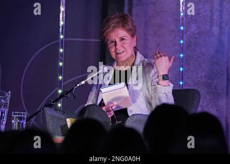 First Minister Nicola Sturgeon at the Paisley Book Festival in Renfrewshire, where she chaired a discussion with author Chitra Ramaswamy about her book Home Lands. Picture date: Friday February 17, 2023. Stock Photo