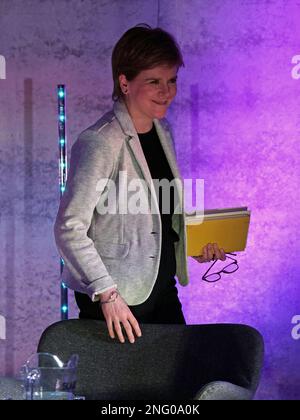 First Minister Nicola Sturgeon at the Paisley Book Festival in Renfrewshire, where she chaired a discussion with author Chitra Ramaswamy about her book Home Lands. Picture date: Friday February 17, 2023. Stock Photo