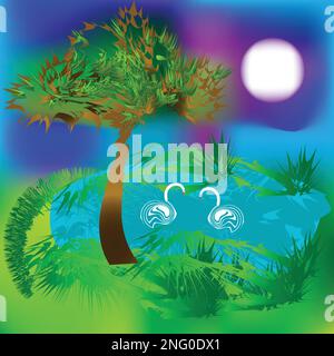 Abstract illustration  landscape with tree, lake and swans Stock Vector