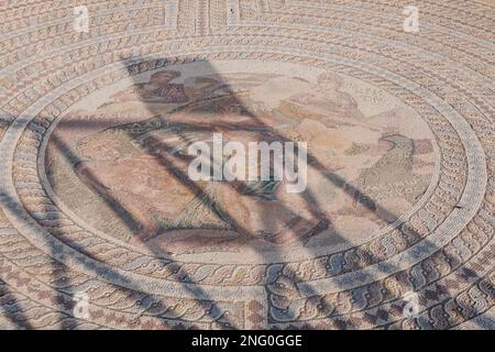 Mosaic in ruins of House of Theseus villa in Paphos Archaeological Park in Paphos city, Cyprus island country Stock Photo