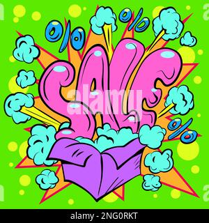 The inscription sale with special effects explodes from the purple box. Announcement of explosive promotions, offers, discounts. Stock Vector