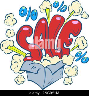 A red inscription sale with special effects explodes from a gray box. Announcement of explosive promotions, offers, discounts. Stock Vector