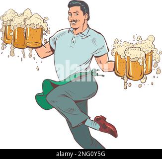An elegant man with a mustache carries mugs of beer. Waiter in a bar, restaurant or tavern. Service staff, delivery Stock Vector